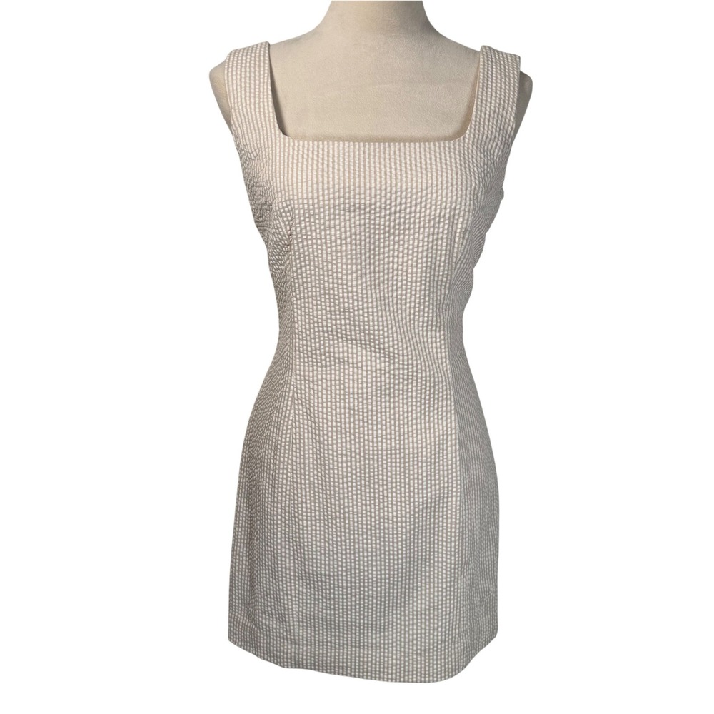 Spiegel Tan Gingham Seersucker Mini Dress Womens 6 Square Neck Sheath Summer